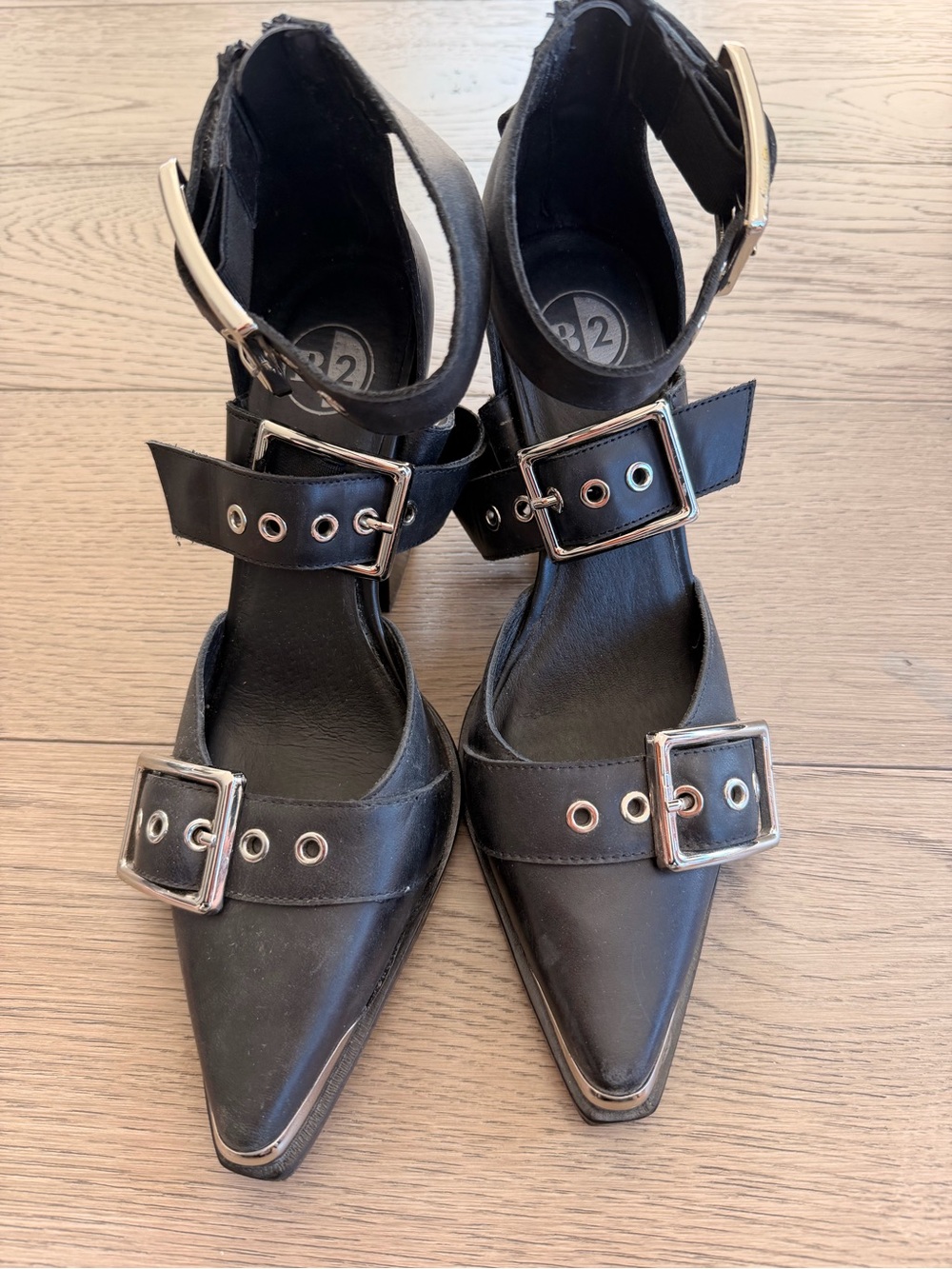 B2 Black Pointed Buckle Ankle-Strap Heels